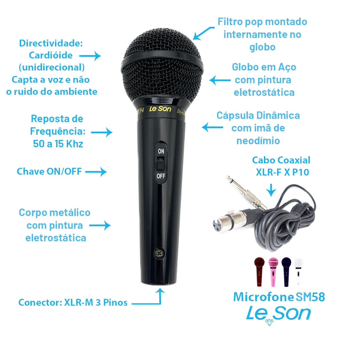 MICROFONE LE SON SM 58 P-4 DINÂMICO E UNIDIRECIONAL PRETO