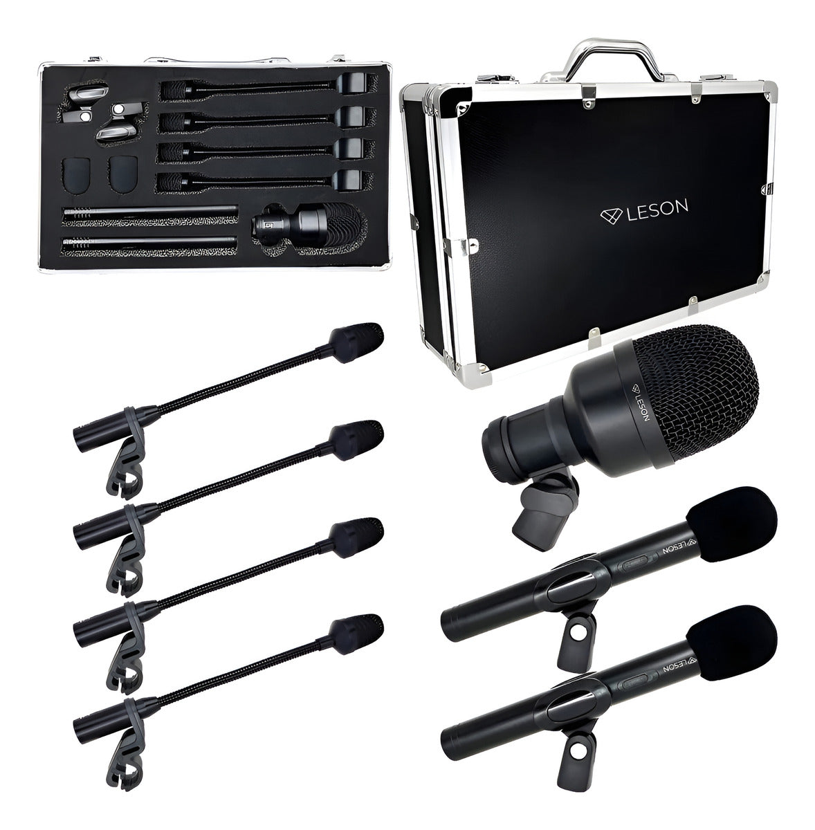 KIT MICROFONE BATERIA LDM707 7 PEÇAS MALETA LESON PERCUSSÃO PRETO