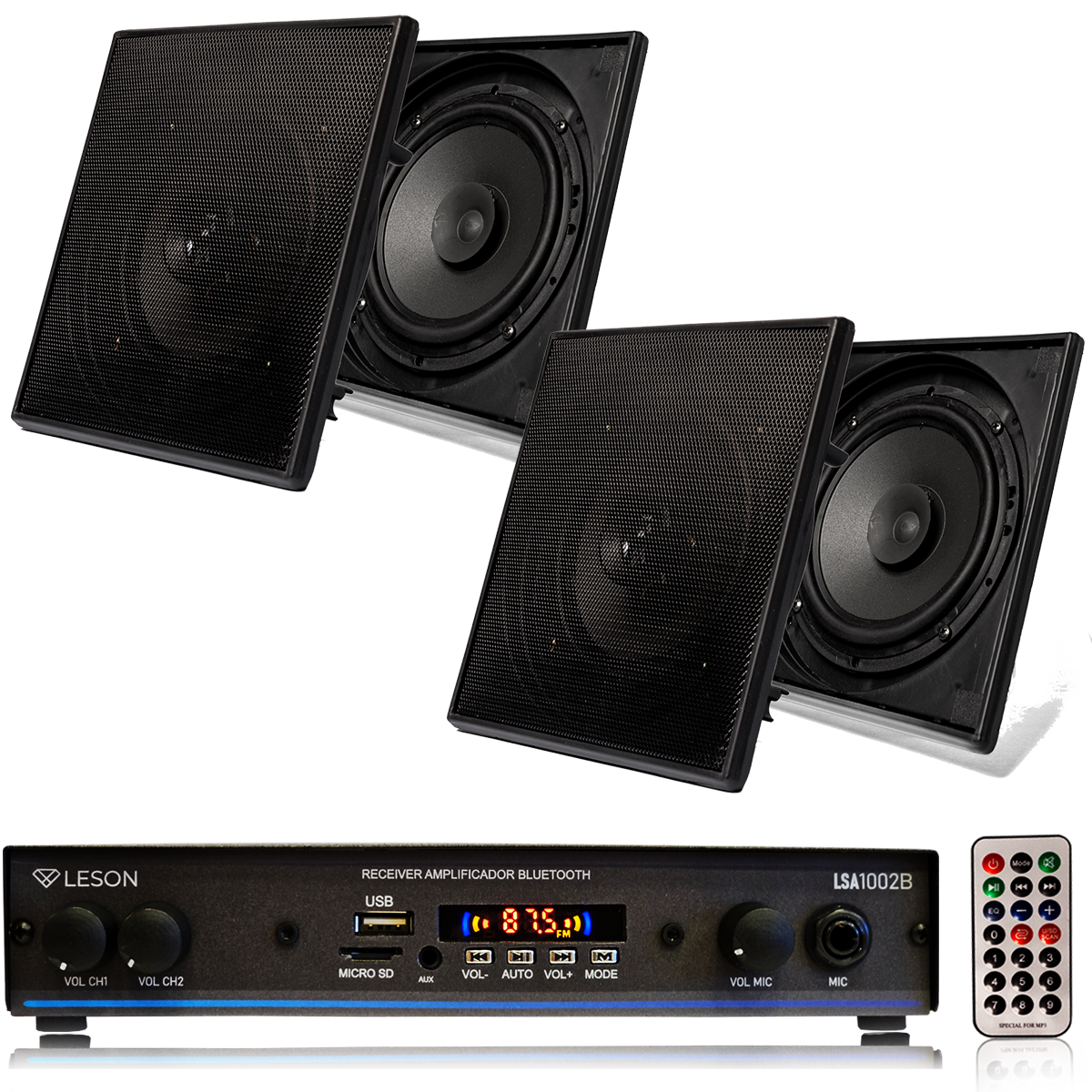 KIT SOM AMBIENTE 4 ARANDELA QUADRADA PRETO + RECEIVER LSA1002