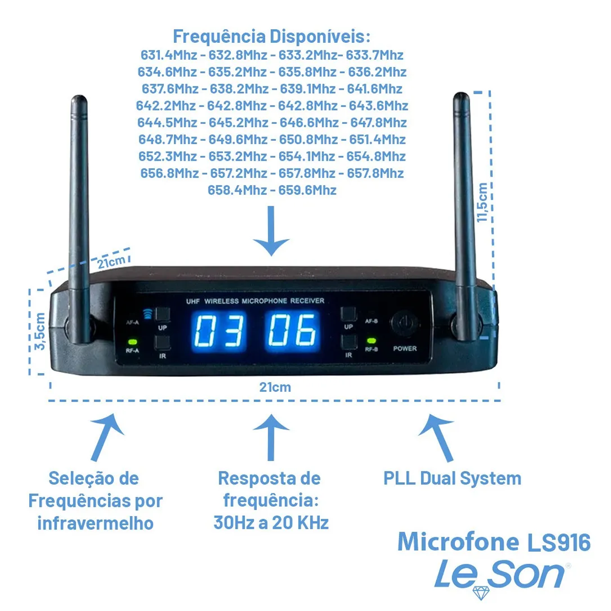 MICROFONE DUPLO LESON LS916 MULTIFREQUENCIA PROFISSIONAL PRETO RECARREGÁVEL