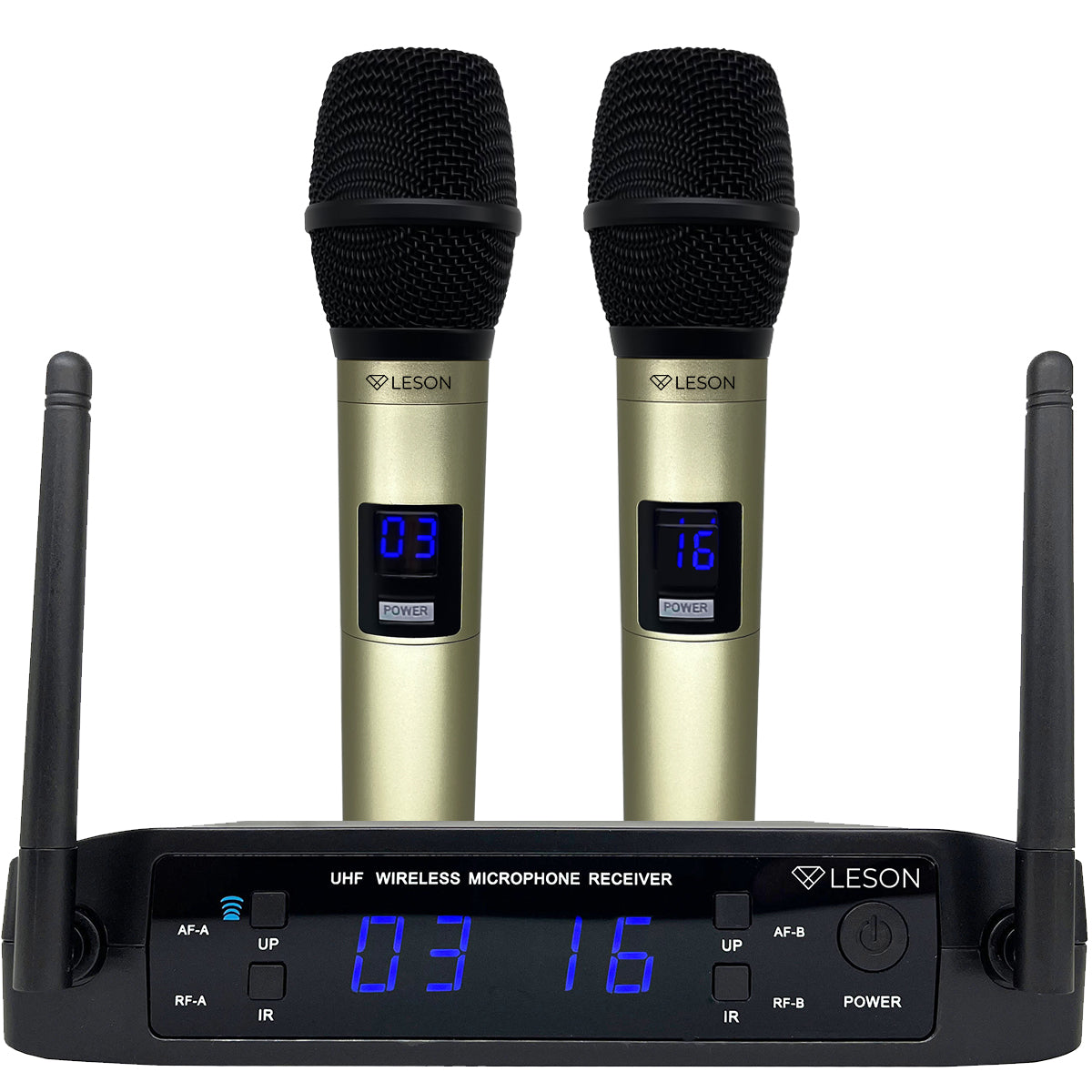 MICROFONE DUPLO SEM FIO UHF PROFISSIONAL DINÂMIC LS916 LESON CHAMPANHE