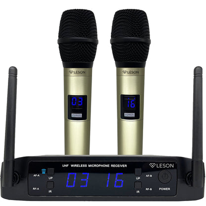MICROFONE DUPLO SEM FIO UHF PROFISSIONAL DINÂMIC LS916 LESON CHAMPANHE