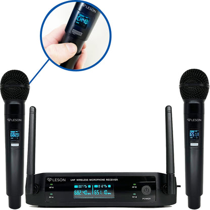 MICROFONE SEM FIO DUPLO PROFISSIONAL LESON LS962 2 CANAIS 96 FREQUÊNCIAS DIGITAL MULTI-FREQUÊNCIA, PRETO