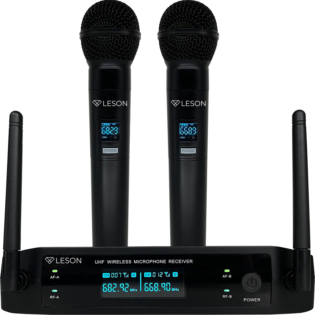 MICROFONE SEM FIO DUPLO PROFISSIONAL LESON LS962 2 CANAIS 96 FREQUÊNCIAS DIGITAL MULTI-FREQUÊNCIA, PRETO