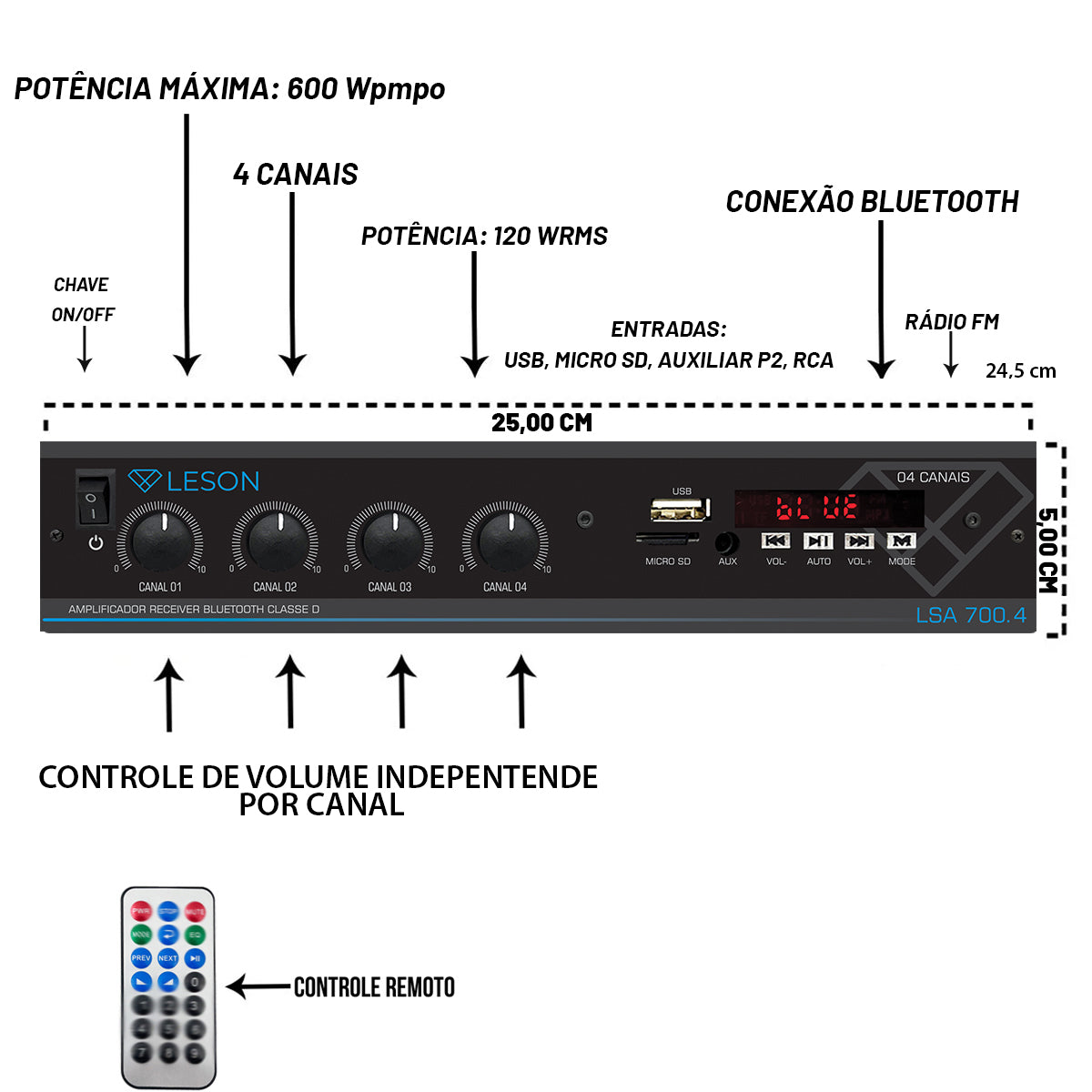 RECEIVER LSA 700.4 120WRMS BT 4 CH VOL INDEPENDENTE 4 OHMS