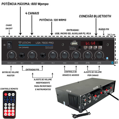 RECEIVER LSA 7600.4 PRO CONT. GRAVES E AGUDOS 2 MIC VOL MASTER