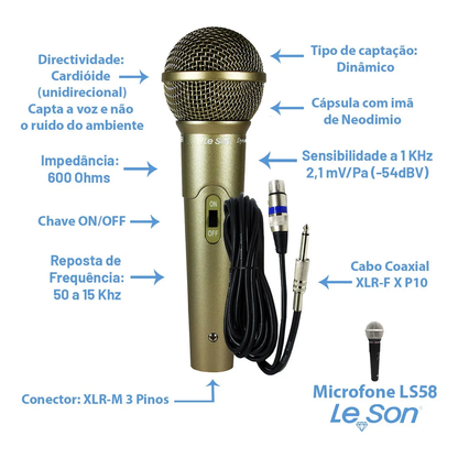 MICROFONE DINÂMICO COM CABO CHAMPANHE LS-58 - LESON