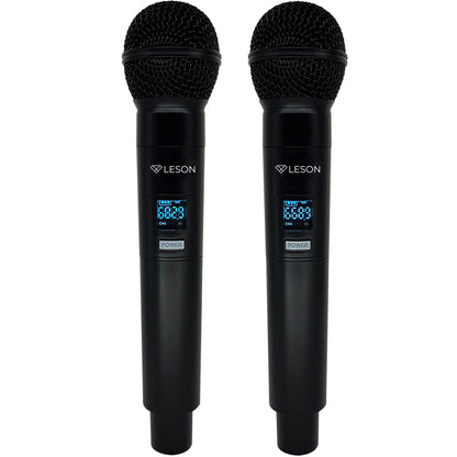 MICROFONE SEM FIO DUPLO PROFISSIONAL LESON LS962 2 CANAIS 96 FREQUÊNCIAS DIGITAL MULTI-FREQUÊNCIA, PRETO