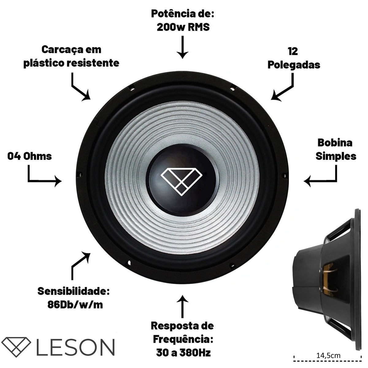 SUBWOOFER LESON 12" 200 WRMS  4 OHMS PRATA