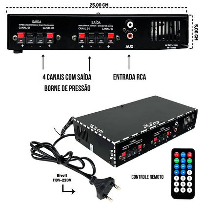 RECEIVER LSA 400.4 60WRMS BT 4 CH GRAVES MÉDIOS AGUDOS 4 OHMS