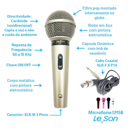 MICROFONE LE SON SM 58 P-4 DINÂMICO CARDIOIDE COR CHAMPANHE
