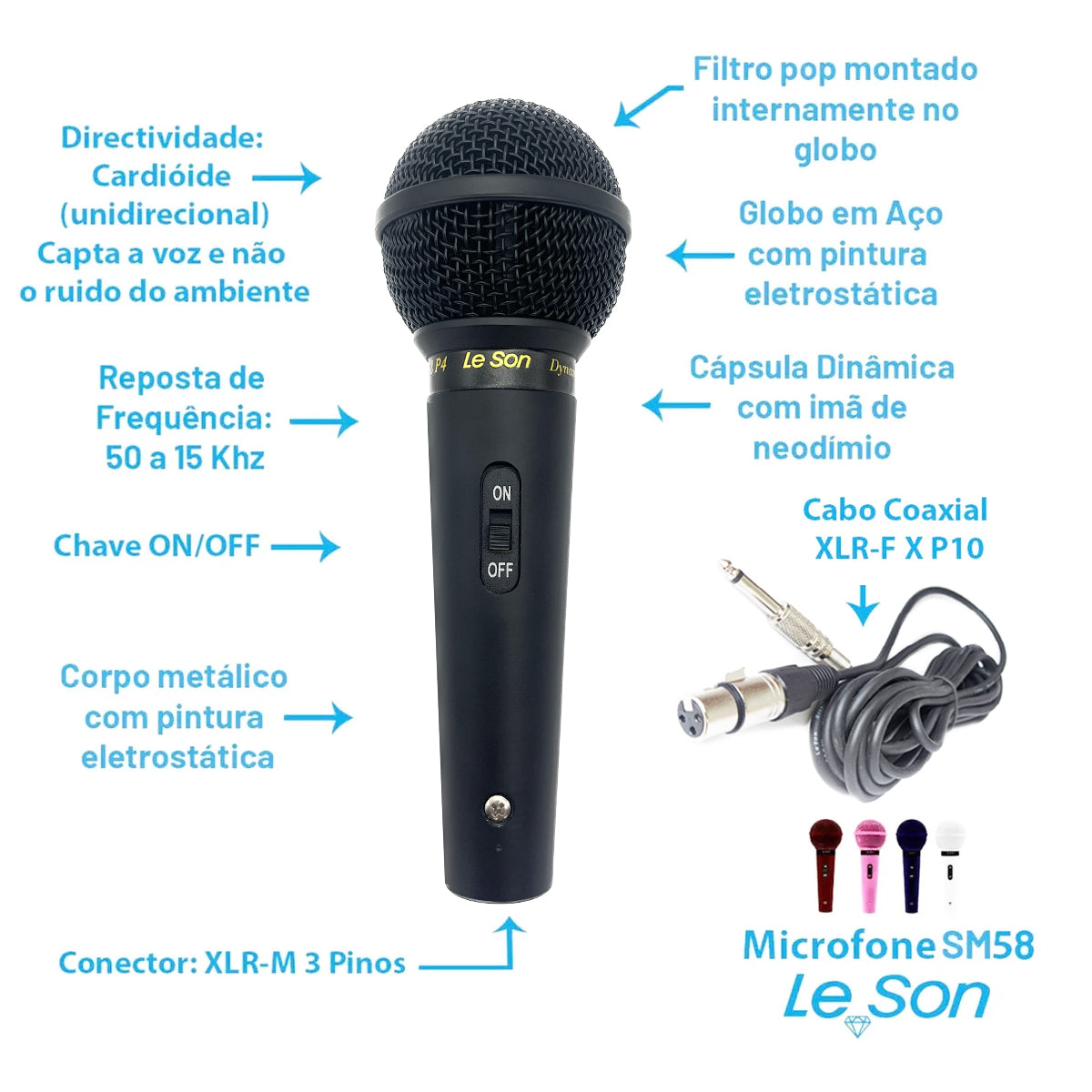 MICROFONE LE SON SM 58 P-4 DINÂMICO E UNIDIRECIONAL PRETO FOSCO