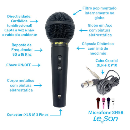 MICROFONE LE SON SM 58 P-4 DINÂMICO E UNIDIRECIONAL PRETO FOSCO