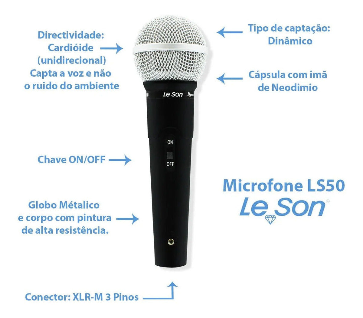 MICROFONE LE SON LS-50 DINÂMICO CARDIOIDE COR PRETO/PRATEADO