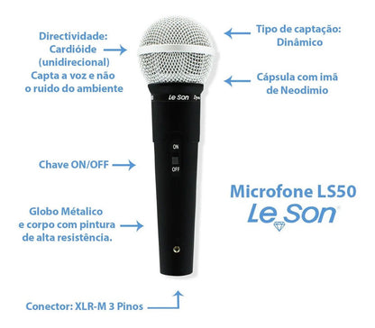 MICROFONE LE SON LS-50 DINÂMICO CARDIOIDE COR PRETO/PRATEADO