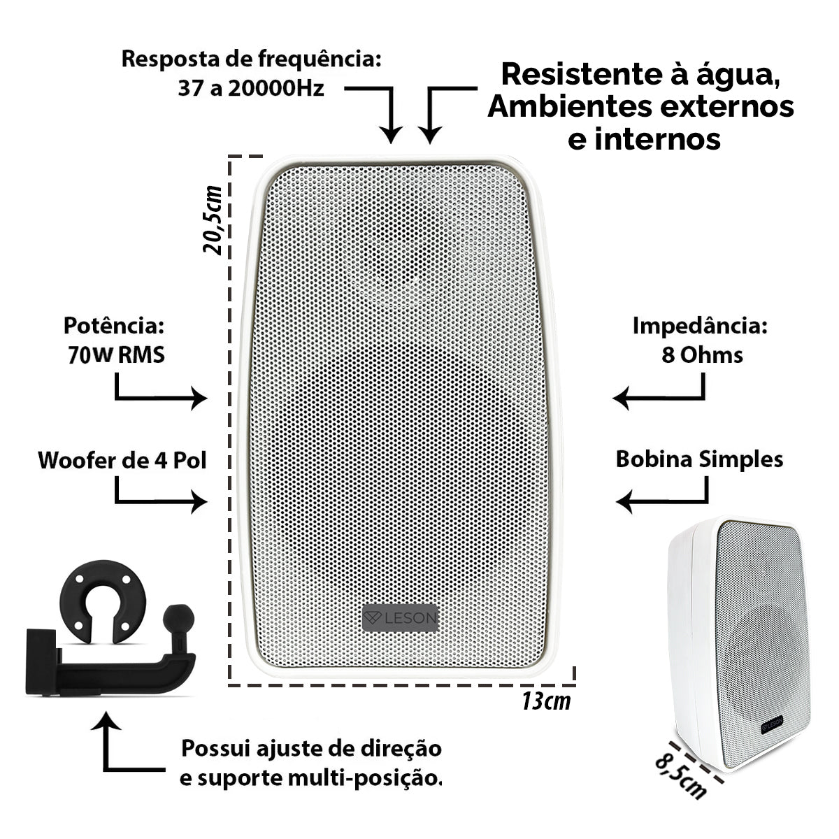 PAR CAIXA DE SOM 140WRMS (PAR) 8 Ω - RES. AGUA - TELA AÇO - BRANCA