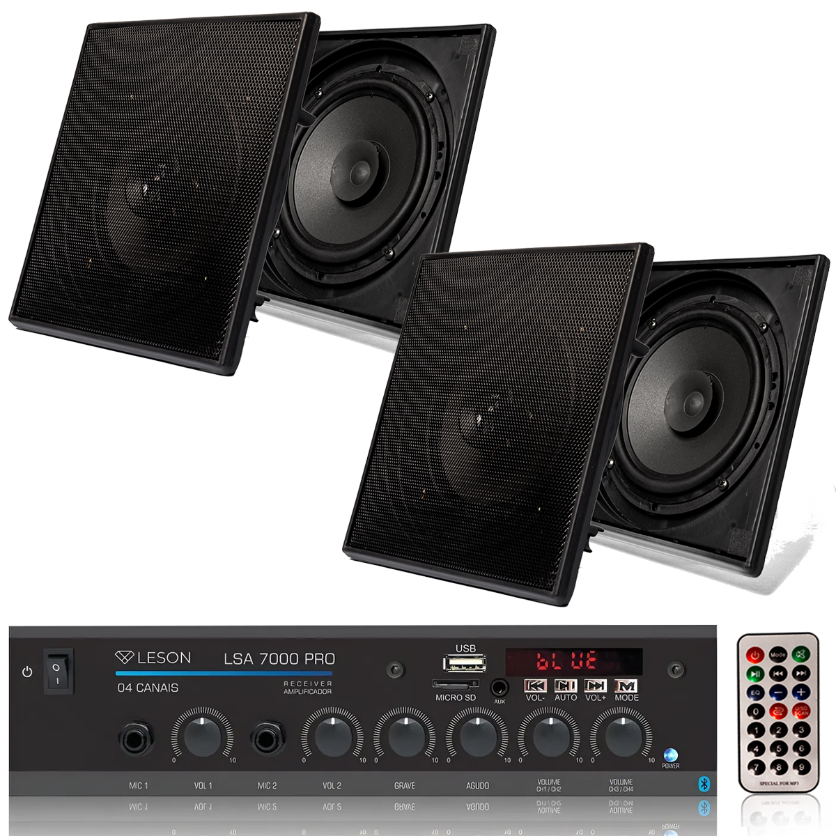 KIT SOM AMBIENTE 4 ARANDELA QUADRADA PRETO + RECEIVER LSA7000
