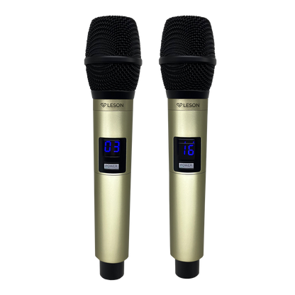 MICROFONE DUPLO SEM FIO UHF PROFISSIONAL DINÂMIC LS916 LESON CHAMPANHE