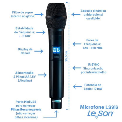MICROFONE DUPLO LESON LS916 MULTIFREQUENCIA PROFISSIONAL PRETO RECARREGÁVEL