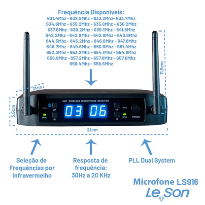 MICROFONE DUPLO LESON LS916 MULTIFREQUENCIA PROFISSIONAL PRETO RECARREGÁVEL